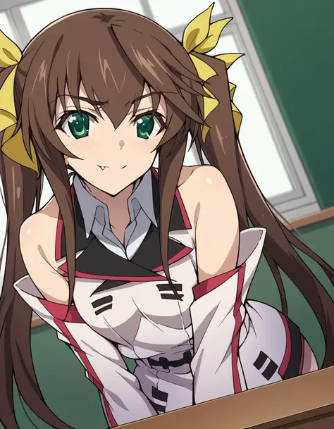 score_9, score_8_up, score_7_up, source_anime,
lingyinhuang, <lora:lingyin-huang-s2-ponyxl-lora-nochekaiser:1>,
lingyin huang, long hair, brown hair, ribbon, twintails, green eyes, hair ribbon, fang,
bare shoulders, detached sleeves, school uniform, ribbon, blue ribbon, red trim, uniform, military uniform, white military uniform,
indoors, classroom, bent over, smile,
looking at viewer, cowboy shot, solo, dutch angle,