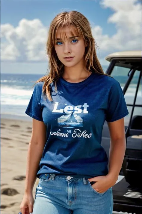 <lora:Louise_Nurding_nee_Redknapp:1> l1873n, 1girl, solo, blue_eyes, masterpiece, best quality, detailed face, singing, beach, jeans, tshirt