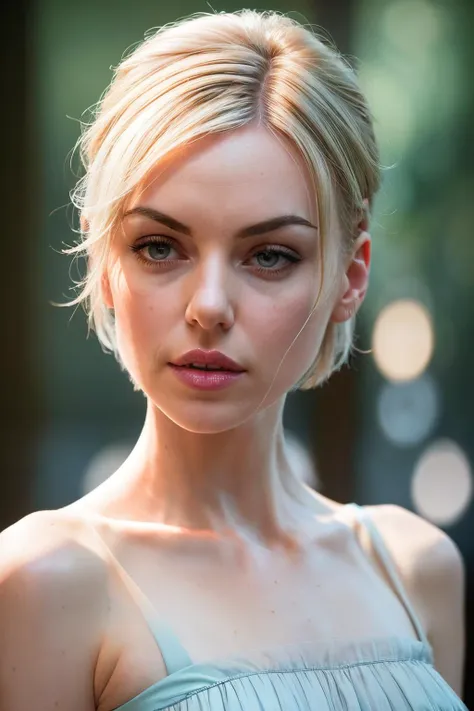 photoshoot of michelleMy1, (blonde hair), (pixie cut), , detailed skin texture, (blush:0.2), (goosebumps:0.3), (light blue dress), subsurface scattering, Photorealistic, Hyperrealistic, Hyperdetailed, analog style, hip cocked, demure, detailed skin, matte skin, soft lighting, subsurface scattering, realistic, heavy shadow, masterpiece, best quality, ultra realistic, 8k, golden ratio, Intricate, High Detail, film photography, soft focus
