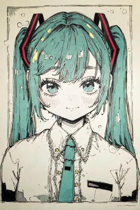 (masterpiece:1.2), (best quality:1.2), (highly detailed:1.3), 1girl, hatsune miku, simple background, monochrome, spot color, <lora:kitamurashu-10:1>