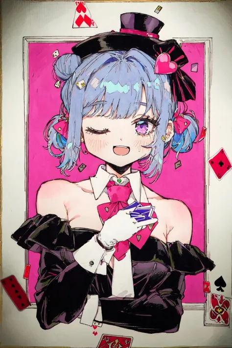 (masterpiece:1.2), (best quality:1.2), (highly detailed:1.3), 1girl, ace \(playing card\), ace of hearts, bare shoulders, black dress, black gloves, black ribbon, blue hair, butterfly hat ornament, card, detached collar, dice hair ornament, dress, frilled dress, frills, gloves, hair bun, hair ornament, hair ribbon, hand up, hat, hat ornament, heart, holding, holding card, multicolored hair, necktie, one eye closed, open mouth, pink hair, playing card, purple eyes, purple necktie, red background, ribbon, simple background, smile, solo, strapless, strapless dress, streaked hair, swept bangs, tilted headwear, top hat, upper body, virtual youtuber, white headwear, <lora:kitamurashu-10:1>
