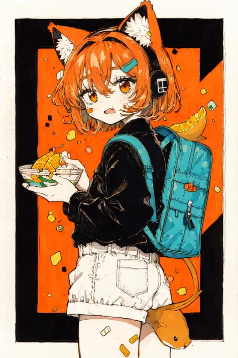 (masterpiece:1.2), (best quality:1.2), (highly detailed:1.3), 1girl, 1other, androgynous, animal ear headphones, animal ears, backpack, bag, bandaid, bandaid on cheek, bandaid on face, bandaid on hand, bandaid on wrist, black shirt, border, cat ear headphones, cowboy shot, crossed bangs, fake animal ears, fang, food, food wrapper, from side, fruit, gummy bear, hair between eyes, hair intakes, hair ornament, hairclip, hands up, headphones, holding, holding food, looking at viewer, looking back, medium hair, orange \(fruit\), orange background, orange eyes, orange hair, orange slice, orange theme, outside border, shirt, solo, stuffed animal, stuffed shark, stuffed toy, taiyaki, wagashi, white border, wide sleeves, <lora:kitamurashu-10:1>