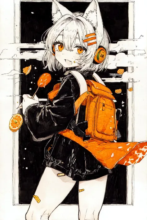 (masterpiece:1.2), (best quality:1.2), (highly detailed:1.3), 1girl, 1other, androgynous, animal ear headphones, animal ears, backpack, bag, bandaid, bandaid on cheek, bandaid on face, bandaid on hand, bandaid on wrist, black shirt, border, cat ear headphones, cowboy shot, crossed bangs, fake animal ears, fang, food, food wrapper, from side, fruit, gummy bear, hair between eyes, hair intakes, hair ornament, hairclip, hands up, headphones, holding, holding food, looking at viewer, looking back, medium hair, orange \(fruit\), orange eyes, orange slice, outside border, shirt, solo, stuffed animal, stuffed shark, stuffed toy, taiyaki, wagashi, wide sleeves, simple background, white background, monochrome, spot color, <lora:kitamurashu-10:1>