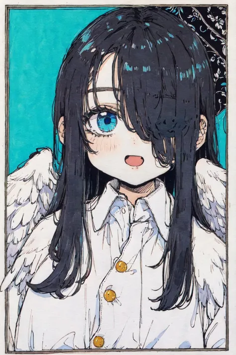 (masterpiece:1.2), (best quality:1.2), (highly detailed:1.3), 1girl, black hair, blue background, blue eyes, border, collared shirt, feathered wings, head wings, long hair, looking at viewer, multiple wings, one eye covered, open mouth, shirt, solo, upper body, white border, white shirt, wings, <lora:kitamurashu-10:1>