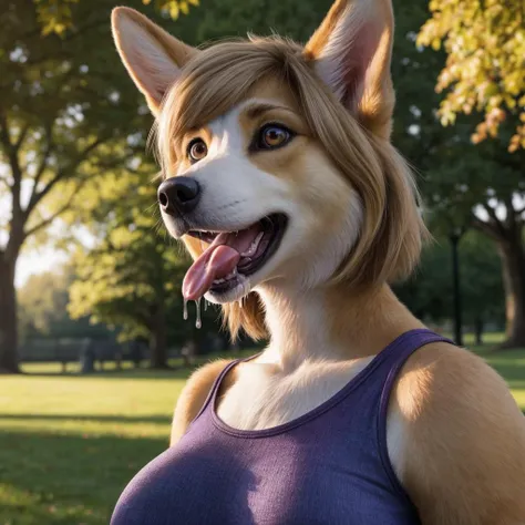 bust shot, London park setting, warm lighting, (solo:1.3),
BREAK, staring into the camera, 20 years old, anthro dog corgi female with tan and white fur, muscular, lean build, fluffy tail, brown eyes, (short blonde hair, bob cut hairstyle), dog snout, canine teeth, fangs, (extremely long canine tongue, drooling, drool flowing from tongue), (realistic fur, fur over body, detailed fur texture), (wearing a purple crop top, wearing blue jeans), large breasts, claws, hand paws, pink paw pads