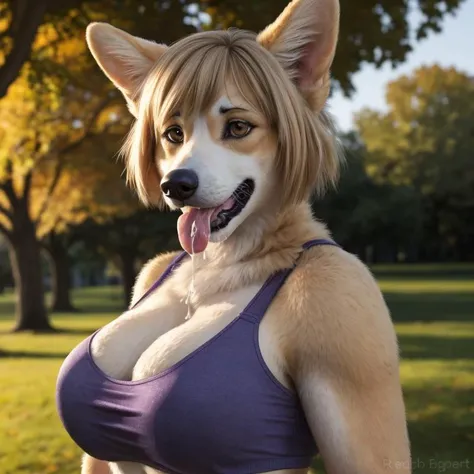 bust shot, detailed London park setting, warm lighting, (solo:1.3),
BREAK, staring into the camera, 20 years old, anthro dog corgi female with tan and white fur, muscular, lean build, fluffy tail, brown eyes, (short blonde hair, bob cut hairstyle), dog snout, canine teeth, fangs, (extremely long canine tongue, drooling, drool flowing from tongue), (realistic fur, fur over body, detailed fur texture), (wearing a purple crop top, wearing blue jeans), large breasts, claws, hand paws, pink paw pads