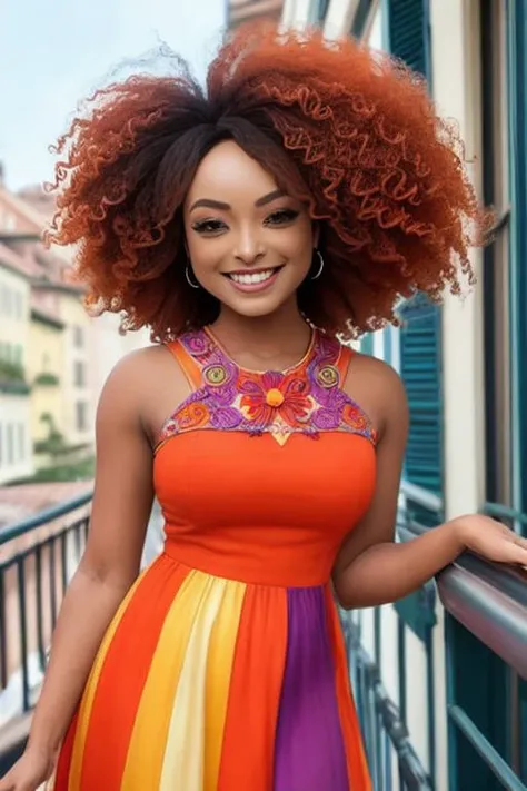 photograph of a woman, standing on a balcony, gabrielle-2500, big smile, long colorful detailed dress, stunning environment, ultra realistic, concept art, elegant, ((intricate)), ((highly detailed)), depth of field, (((professionally color graded))), 8k, 85mm, f/1. 8, art by artgerm and greg rutkowski and alphonse mucha