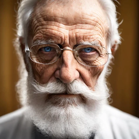 The image features an older man, a long white beard and mustache,  He has a stern expression, giving the impression of a wise and experienced individual. The mans beard and mustache are prominent, adding to his distinguished appearance. The close-up shot of the mans face emphasizes his facial features and the intensity of his gaze.