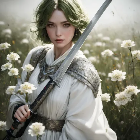 Super Closeup Portrait, action shot, Profoundly dark whitish meadow, glass flowers, Stains, space grunge style, Jeanne d'Arc wearing White Olive green used styled Cotton frock, Wielding thin silver sword, Sci-fi vibe, dirty, noisy, Vintage monk style, very detailed, hd