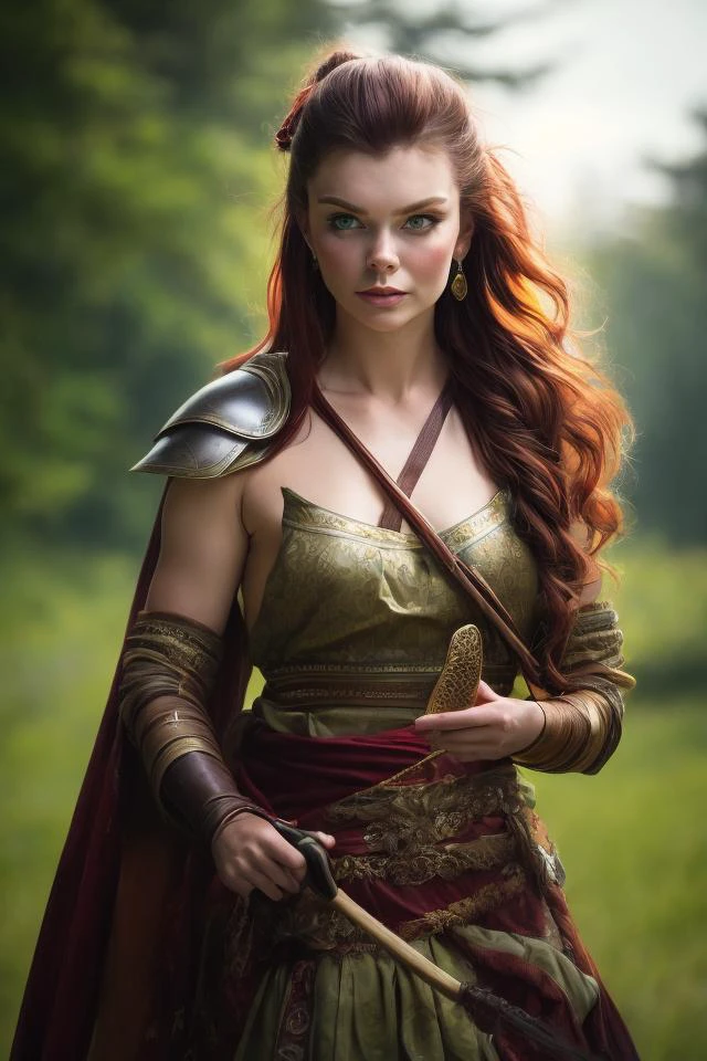((masterpiece)), 1girl, young , small breasts,  medieval, fantasy, wiking, nordic, war paint  wallpaper, official art, Deirdre, Fleet-Footed Spearwoman: Deirdre is a swift and agile spearwoman, able to outmaneuver and outpace her enemies on the battlefield. Her long, red hair is tied back in a loose ponytail, revealing delicate features and emerald green eyes. She wears a suit of leather armor, dyed a deep green that blends in with the forests and hills of her homeland. In her hand, she carries a long, slender spear, the shaft wrapped in leather cord and the tip sharp enough to draw blood.  with jp-Elle-2325 face , ((cat eyes)), ((vertical pupil)) BREAK, realistic, best quality, ultrasharp, ultradetailed, intricated details, <lora:add_detail:0.6>, <hypernet:sxzBloom_sxzBloom:0.3>, vivid colors , full body shoot, strong shafows, deep of field , bokeh