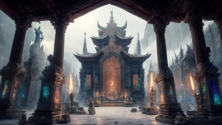 ,, ((art by Liam Wong )) The Temple of Odin is a grand, imposing structure built from massive stones, carefully placed to form a perfect square shape. Each stone bears intricate carvings of Norse symbols and mythological creatures, adding to the sacredness of the site. The entrance faces north, symbolizing respect for the god of wisdom, knowledge, and war. Inside, the temple boasts a vast chamber filled with flickering torches, casting deep, dramatic shadows on the walls. Above the altar hangs a magnificent mural depicting Odin on his throne, surrounded by his eight-legged horse Sleipnir and the Norns, the three sisters who determine the fate of every man. landscabe, background ,8k, ultrasharp, ultradetailed, perfect quality, masterpiece, intricated details, ultra clear, <lora:add_detail:0.7>, <hypernet:sxzBloom_sxzBloom:0.3>, vivid colors wallpaper