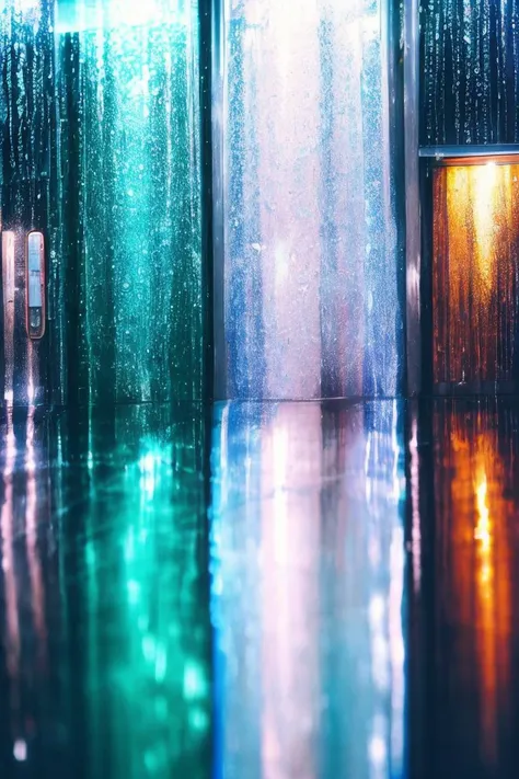 art by Yoshitaka Amano Neon Reflections: Close-up of raindrops blurring the reflections of city lights on a subway window, creating an abstract scene with neon tones. (close-up, abstract, neon colors, raindrops)