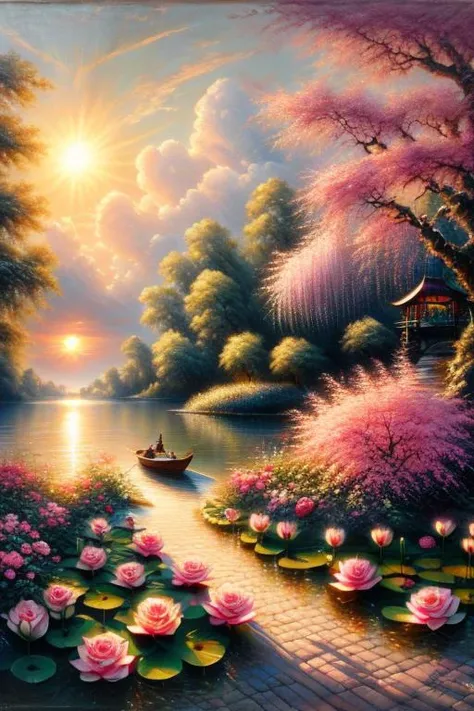 river, boat, pink lotuses on the water, sun in the sky, sunny path on the water, rose bushes on the shore, a beautiful gazebo on the shore, oil painting in the style of the artist Hans Zatzka, play of light and shadows