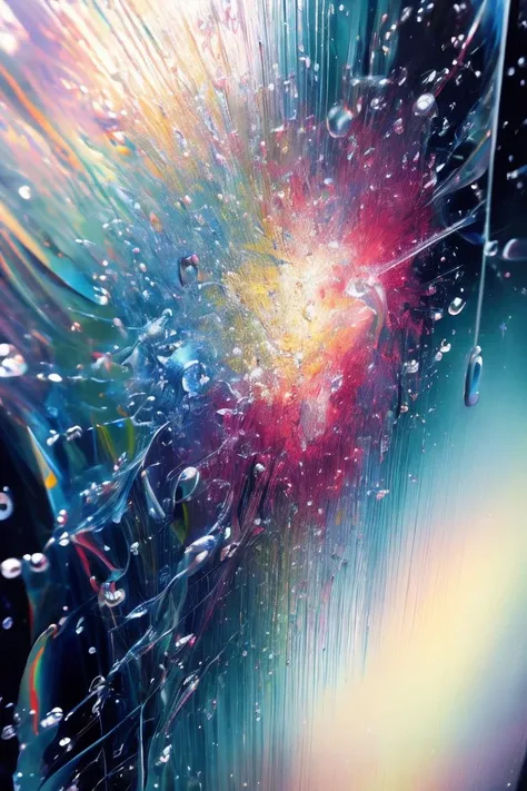 art by Ryohei Hase Raindrops on a windowpane, distorting the view outside into a kaleidoscope of reflections. (close-up, abstract, blurred background)