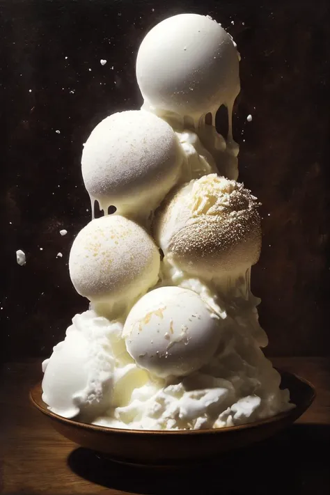 art by Nicola Samori Vanishing Act: Capture the mesmerizing dance of melting ice cream, showcasing the intricate patterns and colors formed by the vanishing treat. (close-up, food, cool tones)