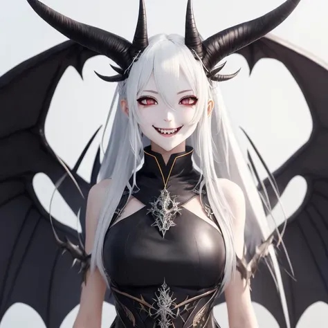 reaonk2023, masterpiece, 5 fingers, depth of field, intricate, photorealistic, 6 wings, horns, white hair, anime style, trending on arstation, evil smile, fangs, full body,