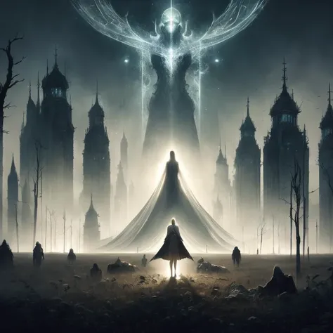 artistic and creative, beautiful shining white woman in the dark fields of devoured men, perfect composition, cinematic lighting, goosebumps atmosphere, dark dystopion scenery, the feeling of fear and melancholy, post-humankind, mixed style by Marc Simonetti and Kay Nielsen and Alessio Albi and Vladimir Manyukhin and Sung Cho, incredible masterwork by head of prompt engineering