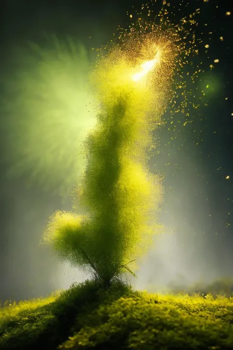 art by Paul Barson   Moss Spores Erupting: Close-up of moss spores exploding from their capsules, resembling a miniature fireworks display with a green haze. (macro, abstract, green tones, burst)