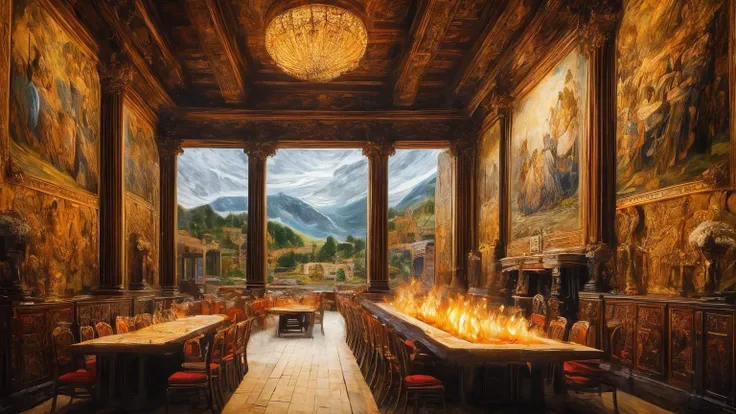 ,, ((art by Erin Hanson )) The Interior of Jarl's Hall reflects the wealth and prestige of the village's ruler. Ornate tapestries depicting scenes of battle and triumph adorn the walls, while plush animal pelts cover the benches and tables. A massive oak table takes center stage, surrounded by high-backed chairs carved with intricate designs. A roaring fire burns brightly in the hearth, casting warm, golden light onto the faces of those gathered within. The air is thick with the aroma of roasted meat, fresh bread, and ale, making the hall an inviting refuge from the harsh Nordic climate. landscabe, background ,8k, ultrasharp, ultradetailed, perfect quality, masterpiece, intricated details, ultra clear, <lora:add_detail:0.7>, <hypernet:sxzBloom_sxzBloom:0.3>, vivid colors wallpaper