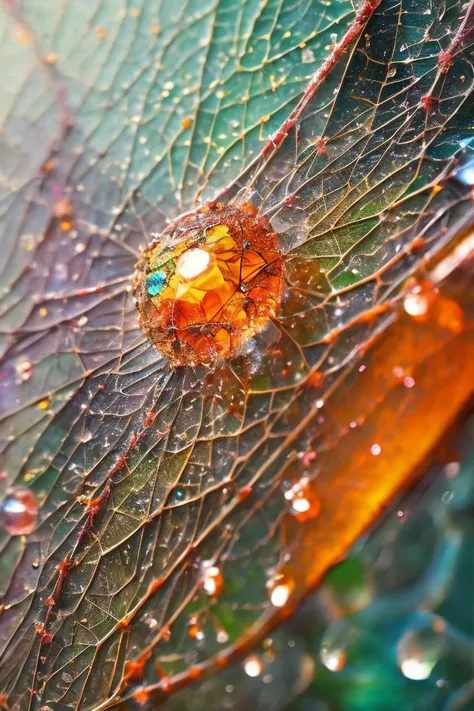 art by Karol Bak Raindrops clinging to a spiderweb, each reflecting a miniature world. (close-up, photorealistic, vibrant colors)