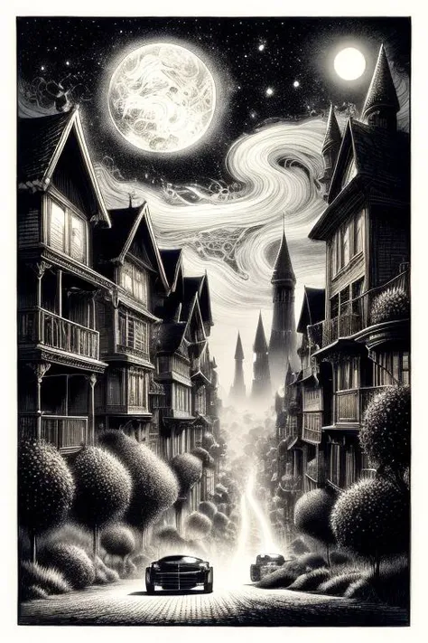 A mesmerizing scene unfolds as the headlights of a car illuminate magical and realistic landscapes reminiscent of Tim Burton's and Milo Manara style in a high-resolution 32k ink artwork. The artistic masterpiece captures the essence of a captivating moment.ink drawing, etching, chiaroscuro