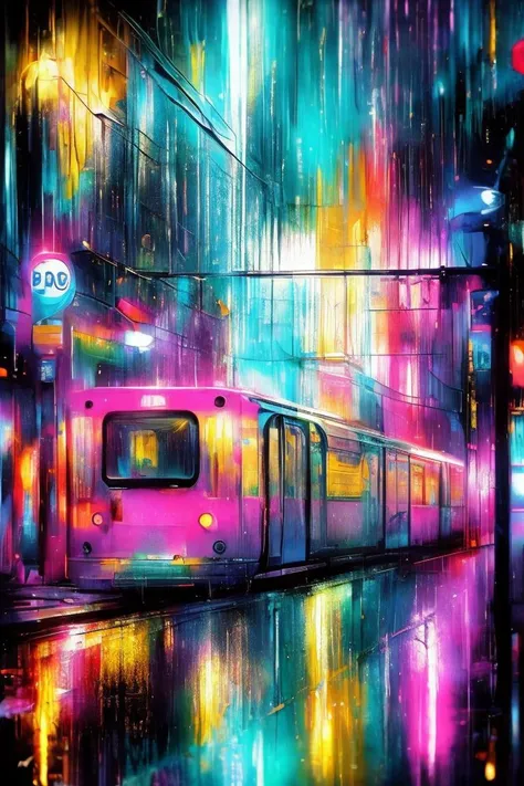 art by Russ Mills   Neon Reflections: Close-up of raindrops blurring the reflections of city lights on a subway window, creating an abstract scene with neon tones. (close-up, abstract, neon colors, raindrops)