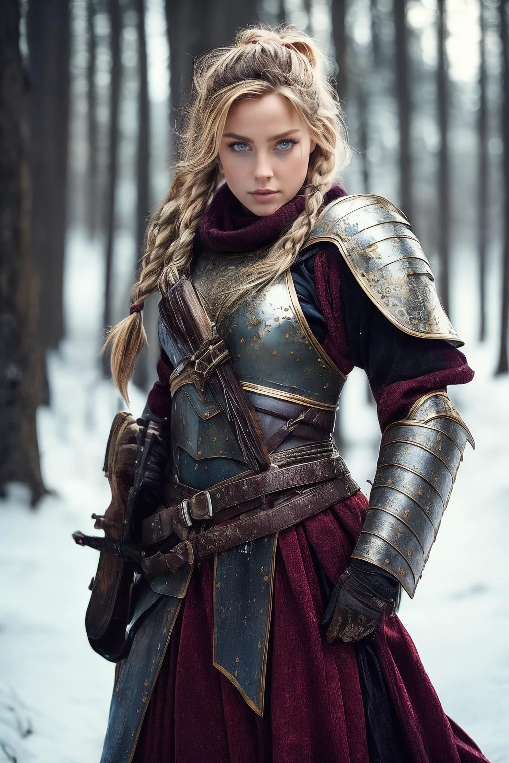 ((masterpiece)), 1girl, young , small breasts,  medieval, fantasy, wiking, nordic, war paint  wallpaper, official art, Audhild, Battle-Hardened Axewoman: Audhild is a veteran warrior from the frozen northlands, her body bearing the scars and bruises of countless battles. Her long, blonde hair is tied back in a tight braid, revealing a square jawline and piercing blue eyes. She wears a suit of battered and dented plate armor, the surface etched with intricate patterns and symbols that tell the story of her conquests. In her hand, she grips a massive battle-axe, the blade scarred and nicked from countless kills.  with DEN_skylor_voxeMK3 face , ((cat eyes)), ((vertical pupil)) BREAK, realistic, best quality, ultrasharp, ultradetailed, intricated details, , , vivid colors , full body shoot, strong shafows, deep of field , bokeh