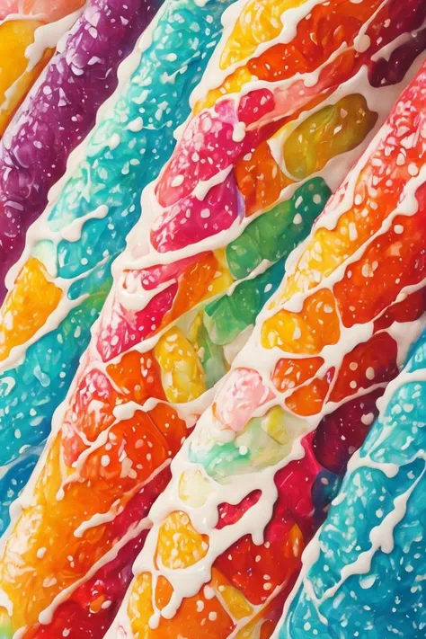 art by Hope Gangloff   Ice cream melting on a waffle cone, creating a cascade of textures and flavors. (close-up, detailed, playful colors)