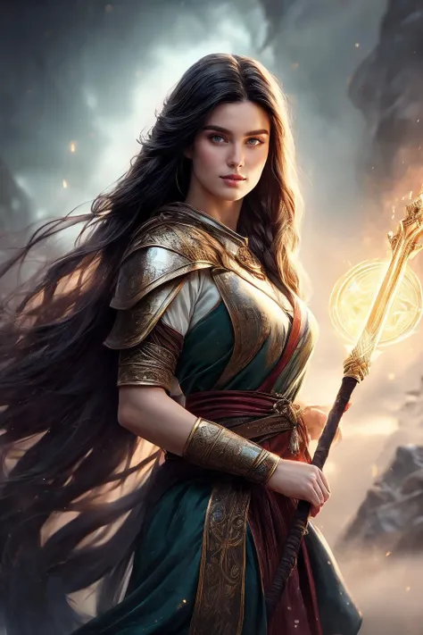 ((masterpiece)), 1girl, young , small breasts,  medieval, fantasy, wiking, nordic, war paint  wallpaper, official art, Freydis, Runic Priestess: Freydis is a runic priestess, able to channel the power of the gods into her spells and prayers. Her long, black hair is shot through with silver strands, pulled back into a tight braid that ends at the base of her spine. She wears a robe of deep blue, woven with intricate runes and symbols that glow with a faint, otherworldly light. In her hand, she carries a staff topped with a gleaming crystal, the tip crackling with energy as she channels her magic.  with futuraanna51500v5 face , ((cat eyes)), ((vertical pupil)) BREAK, realistic, best quality, ultrasharp, ultradetailed, intricated details, , , vivid colors , full body shoot, strong shafows, deep of field , bokeh