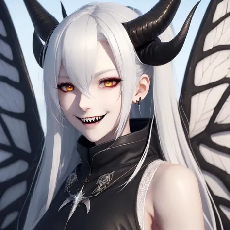 reaonk2023, masterpiece, 5 fingers, depth of field, intricate, photorealistic, 6 wings, horns, white hair, anime style, trending on arstation, evil smile, fangs, full body,