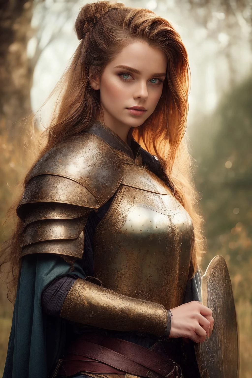 ((masterpiece)), 1girl, young , small breasts, medieval, fantasy, wiking, nordic, war paint wallpaper, official art, Fiona, Noble Shieldmaiden: Fiona is a noble shieldmaiden, hailing from a long line of warriors and heroes. Her long, auburn hair is tied back in a sleek bun, revealing a sharp jawline and piercing green eyes. She wears a suit of gleaming plate armor, embossed with intricate patterns and designs that reflect the sunlight. In her hand, she grips a heavy tower shield, the surface etched with the family crest and the edges sharp enough to slice through flesh. By her side, she carries a long, straight sword, the blade polished to a mirror shine. with CareyMulligan face , ((cat eyes)), ((vertical pupil)) BREAK, realistic, best quality, ultrasharp, ultradetailed, intricated details, , , vivid colors , full body shoot, strong shafows, deep of field , bokeh