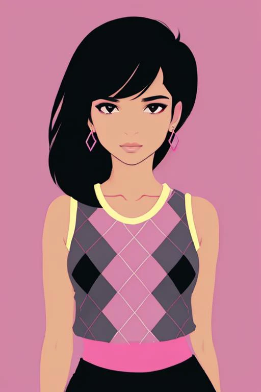 (illustration), cover art, (((minimalist))), (stylized), (high contrast), a beautiful woman, [dilsh4d_v4ds4r1a], with black hair, lipstick, eyeshadow, blush, pink yellow highlights, pink and gray tight argyle vest, lively, earrings, looking at viewer, close-up, abstract, geometric, ((outdoor city)) background, fashion, expressive, vibrant, portrait , messy, <lora:argyle_top:0.4> <lora:anime_minimalist_v1:0.7>