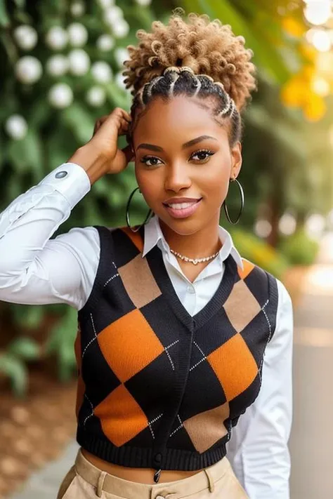 photo of a beautiful black woman, wearing a white and orange argyle vest, white collared shirt, and corduroy pants, necklace, bracelet, earrings, with (outdoor background), bokeh, masterpiece, high quality, perfect lighting, classy, vibrant, modern, lively, fashion <lora:argyle_top:0.7>, cheerful smile, detailed eyes, hair in an upsweep updo, full body shot
