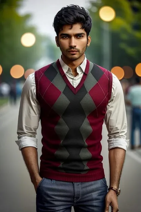 photo of an Indian man, wearing a red argyle vest, green collared shirt, and black jeans, <lora:argyle_top:0.8>, bokeh, outdoor background, masterpiece, high quality, photorealistic, fashion