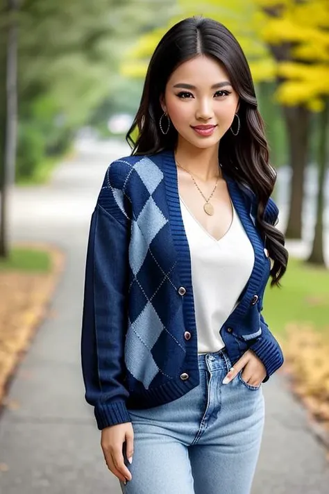 photo of a beautiful sexy asian woman, wearing an oversized argyle cardigan, and blue jeans, necklace, bracelet, earrings, with (outdoor background), bokeh, masterpiece, high quality, perfect lighting, classy, vibrant, modern, lively, fashion <lora:argyle_top:0.7>, cheerful smile, detailed eyes, hair in an upsweep, updo, full body shot