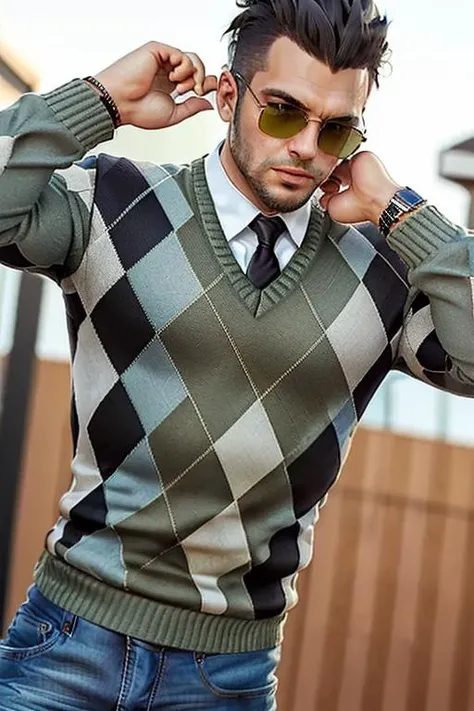 photo of a handsome man, with hair in a mohawk, light beard, wearing a slim fit gold and green argyle sweater, white collared shirt, and blue jeans, sunglasses, necklace, bracelet, leather watch, headshot, portrait, close-up, with (outdoor background), bokeh, masterpiece, high quality, perfect lighting, classy, vibrant, modern, lively, fashion <lora:argyle_top:1>