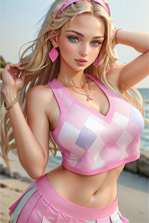 photo of a beautiful sexy woman, blonde hair, (blue eyes), wearing a pink and white sleeveless argyle crop top, and white pleated skirt, necklace, bracelet, earrings, headshot, (portrait), close-up, with (outdoor background), bokeh, masterpiece, high quality, perfect lighting, classy, vibrant, modern, lively, fashion <lora:argyle_top:0.7>, wearing a hairband, cheerful smile, detailed eyes