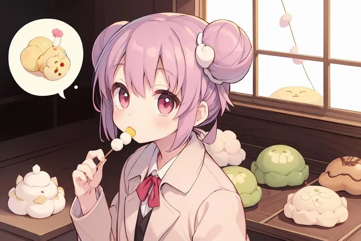 1girl, eating dango, dumpling, <lora:wagashi_LECO_v1:-1>, wagashi, food focus , double_bun, coat