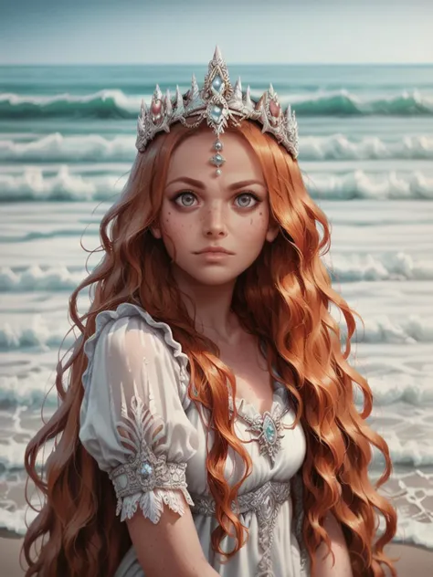 score_9, score_8_up, score_7_up, score_6_up, <lora:s34cr0wnXLP:0.6> s34cr0wn, crown, 1girl, long hair, ginger hair, Fr3ckles,1girl, freckles, grey eyes, <lora:Fr3ckledXLP:0.3> <lora:0c34nXLP:0.5> 0c34n, waves, dress, ocean, white dress, water, portrait,