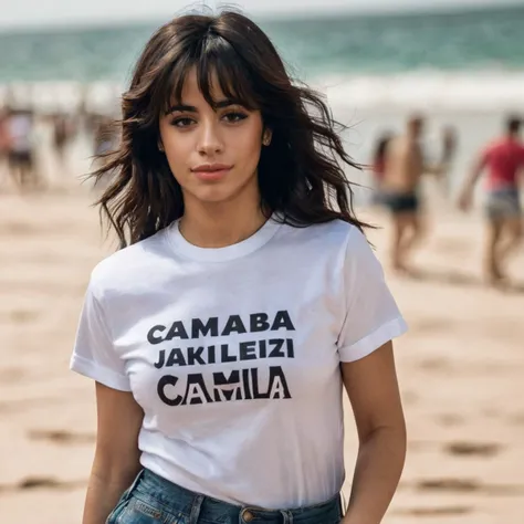 a photo of camila cabello, ohwx, a woman on a beach, wearing a t-shirt, best quality, fine details, detailed skin <lora:camilacabello_SDXL:0.7>