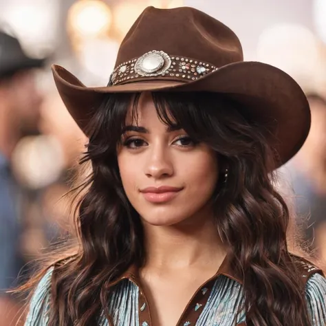 a photo of camila cabello, ohwx, a woman at a hoedown, wearing a cowgirl costume, best quality, fine details, detailed skin <lora:camilacabello_SDXL:0.7>