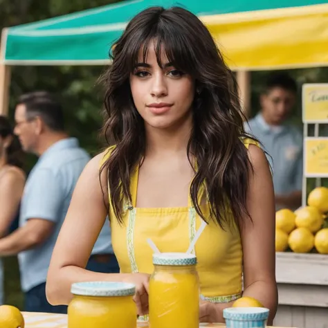 a photo of camila cabello, ohwx, a woman at a lemonade stand, best quality, fine details, detailed skin <lora:camilacabello_SDXL:0.7>