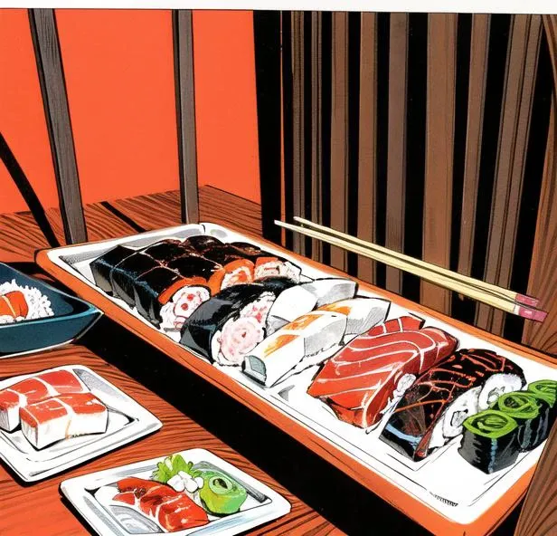 ((arakistyle)) advertisement, sushi, meal, restaurant, interior shot, plates, chopsticks, rice ((food focus)) , A beautiful illustration, lineart, bold coloring, masterpiece, manga art, best quality, scan, red tones, illustration, background, anime, simple coloring, colorful
<lora:arakistyle-000006:1>