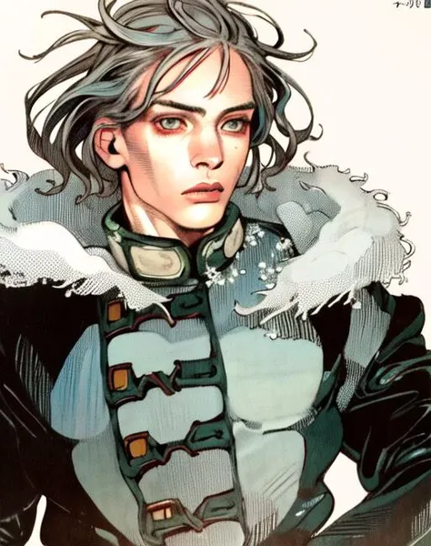 realistic proportions, manga art, ((arakistyle)), artstyle,1boy, man, long fur coat, snowing, detailed face, (masterpiece:1.3), (best quality:1.1), ((masculine feminine)), ((solo)), makeup, (finely detailed eyes and detailed face:1.3), (beautiful background:1.2), <lora:arakistyle:1.2>