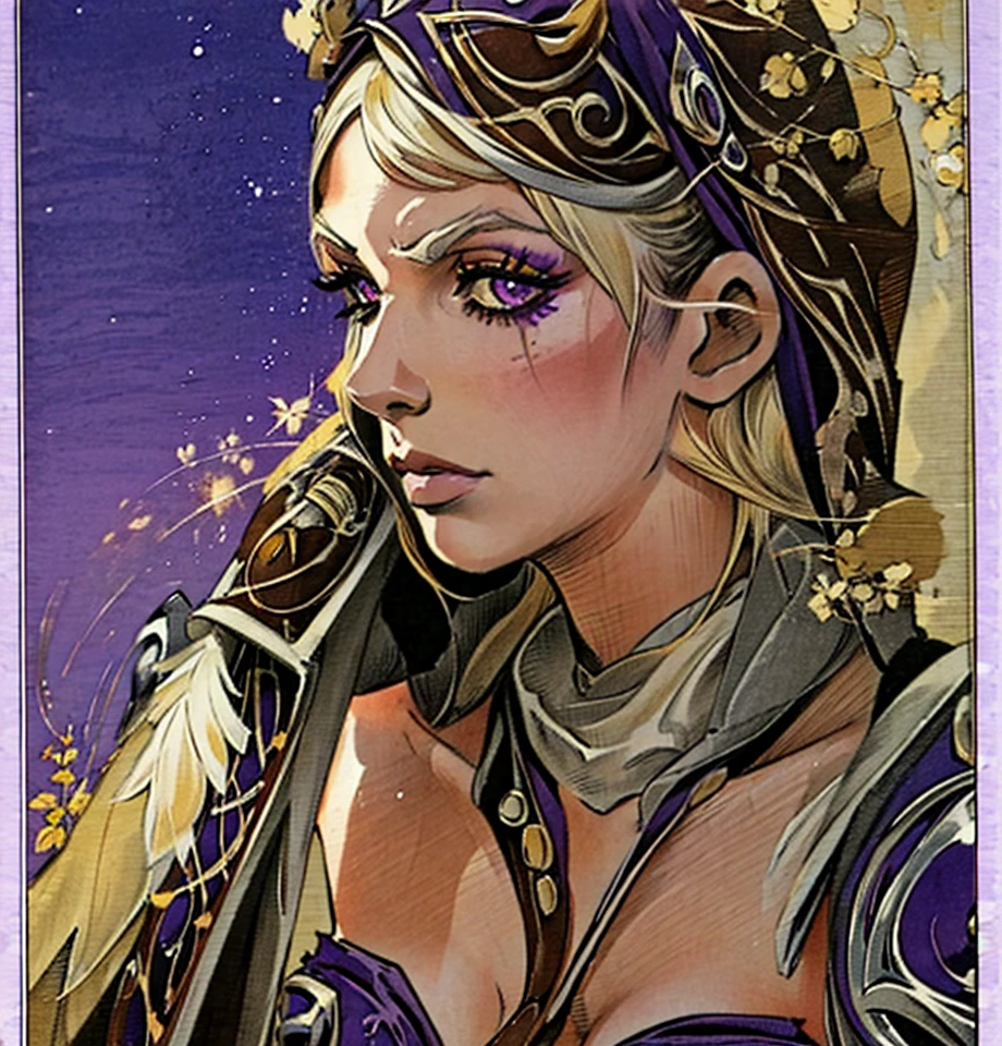 high quality master piece , Ink, detailed face, face focus, ((solo focus)), upper body, manga art
1girl, sylvdark, colored skin, makeup, hood on, purple armor, cleavage, forest, casting magic, bow and arrows, <lora:TESTArakiHirohikoArt_v2:1> <lora:sxzSylvanasWindrunner_sxzSylvanas:0.7> jojo:0.9
