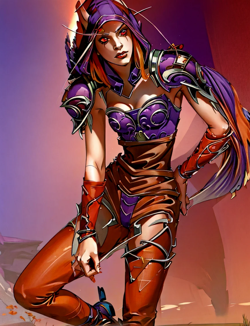 high quality master piece , Ink, detailed face, face focus, ((solo focus)), full body, dynamic pose, manga art, red glowing eyes,
1girl, sylvdark, colored skin, makeup, hood on, purple armor, cleavage, forest, casting magic, bow and arrows, <lora:TESTArakiHirohikoArt_v2:1> <lora:sxzSylvanasWindrunner_sxzSylvanas:0.7> jojo:0.9