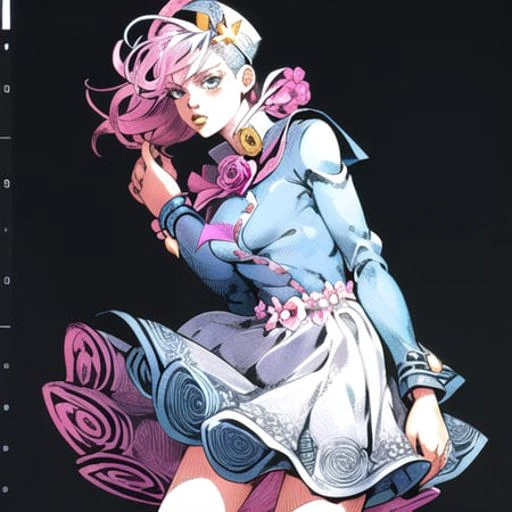 monotone, ((solo)), ((arakistyle)) ((clothed)), woman, parted lips, posing, flower dress, jojo:0.9, illustration, lineart, bold coloring, masterpiece, manga art, best quality, scan, color tones, illustration, anime, simple coloring, plane black background,
<lora:arakistyle-000006:1>