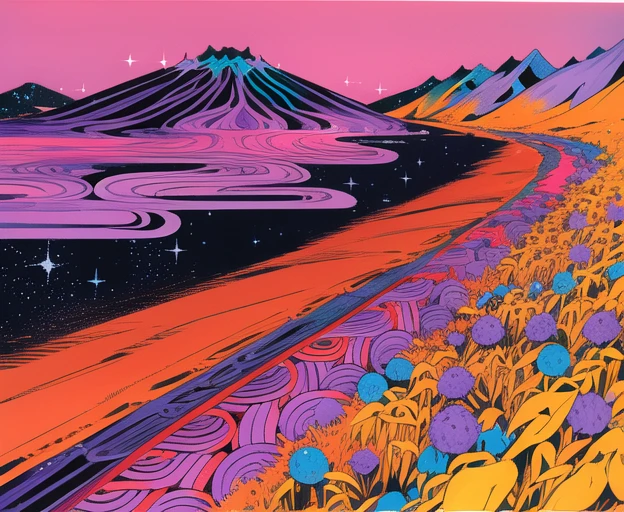 A beautiful illustration filled with life, lineart, bold coloring, black, intricate japanese forest, plants,bamboo, mountains, masterpiece, arakistyle, manga art, best quality, scan, purple, red blue pink yellow, illustration,jojo, background, landscapes, sparkles lighting, anime, simple coloring, colorful
<lora:arakistyle-000006:1>