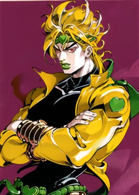 <lora:arakistyle-000006:0.9> crossed arms, detailed face, red eyes, green headband, face focus, monotone, ((solo focus)), closeup, ((arakistyle)) ((clothed)), blonde hair, man, green lips, posing, dio brando, illustration, lineart, bold coloring, masterpiece, manga art, best quality, scan, color tones, illustration, anime, simple coloring, plain black background, jojo:0.98
<lora:dio_v10:0.79>