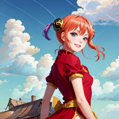 masterpiece, absurdres, anime,(looking at viewer, looking back), labia,smiling, (((wink))),masterpiece, best quality, 1girl, smile,blue sky, cloud, hidden village,etite,masterpiece, best quality, highres, kgr1, red dress, double bun, bun cover, china dress, chinese clothes, knee boots, short sleeves, small breasts, <lora:kagura_v1:1>, arakistyle, jojo:0.8, <lora:TESTArakiHirohikoArt_v2:1>
